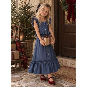 Vintage Third Generation Girls 5 Chambray Ruffle Top Skirt Set Made USA